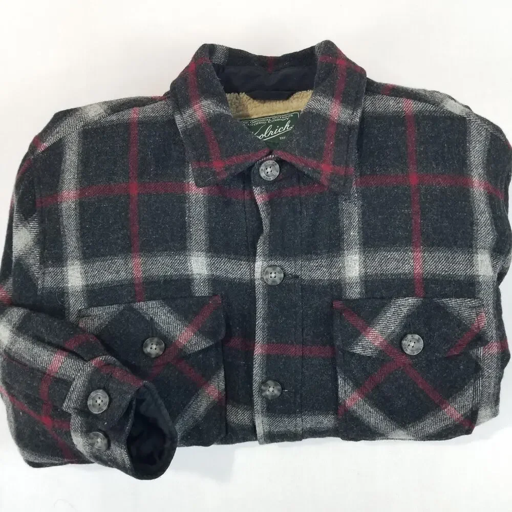Woolrich Jacket Mens Large Slate Plaid Wool Sherpa Lined Button Front 16095